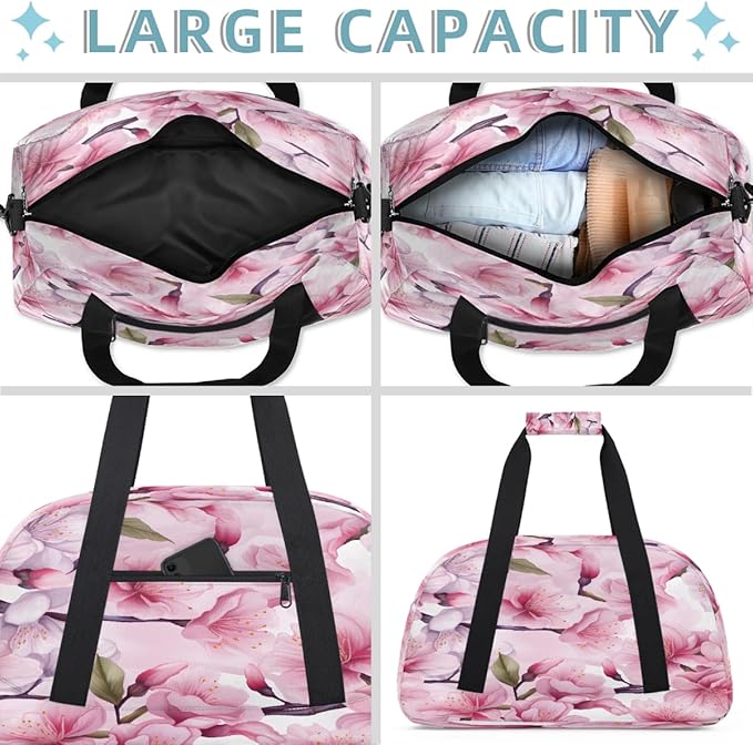 Gym Bag for Women Men, Pink Cherry Blossom Pattern Travel Duffle Bags for Dance Ballet Overnight, Carry-On Weekender Bag with Detachable Shoulder Strap