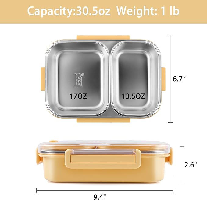 Stainless Steel Lunch Box with 2 Compartments, Leakproof, 30.5 oz Food Storage Containers, Bento Box for Adults,Men,Women(Yellow)