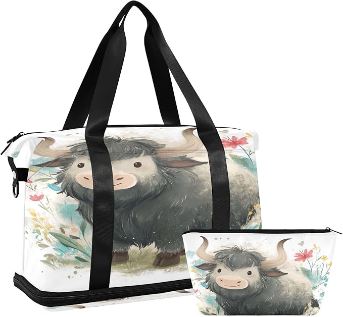 Travel Duffel Bags for Women Cute Gray Yak with Wildflowers Sports Duffel Bags Gym Bags with Shoes Compartment Tote Bag Weekender Bag for Travelling