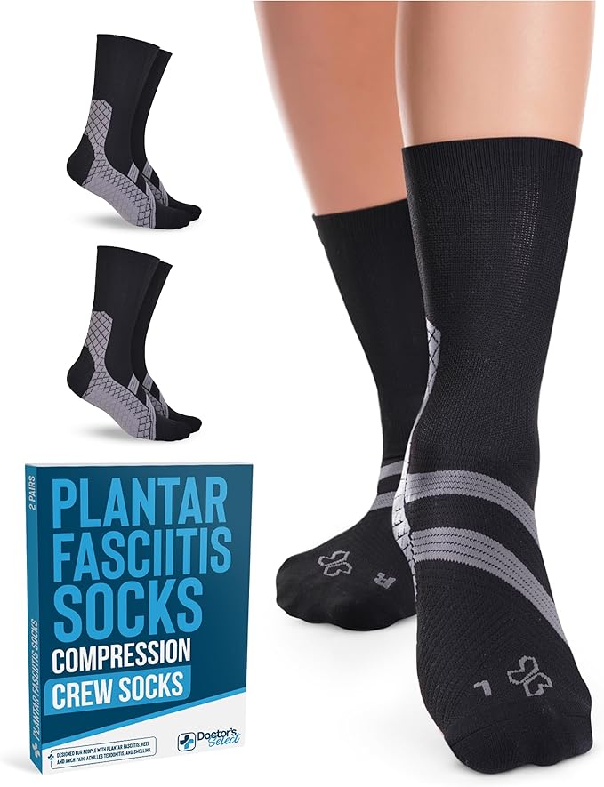 Doctor's Select Plantar Fasciitis Socks - 2 Pairs | Compression Crew Socks for Plantar Fasciitis Relief | Arch Support Socks