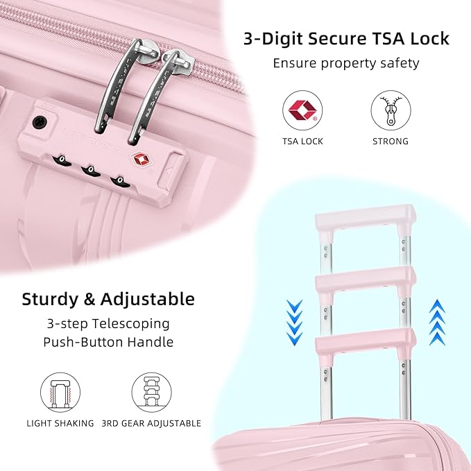 LARVENDER Carry On Luggage 22x14x9 Airline Approved, 20 Inch Hardshell & Lightweight PP Carry On Suitcase for Women with Spinner Wheels TSA Lock, Light Pink
