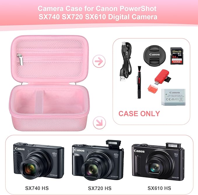 RAIALL Camera Case for Canon PowerShot SX740 HS/ SX730 HS/ SX720 HS/ SX620 HS Digital Camera, 4K Video Camera Hard Carrying Case Protective Travel Bag, Mesh Pocket for Batteries and USB Cable, Pink