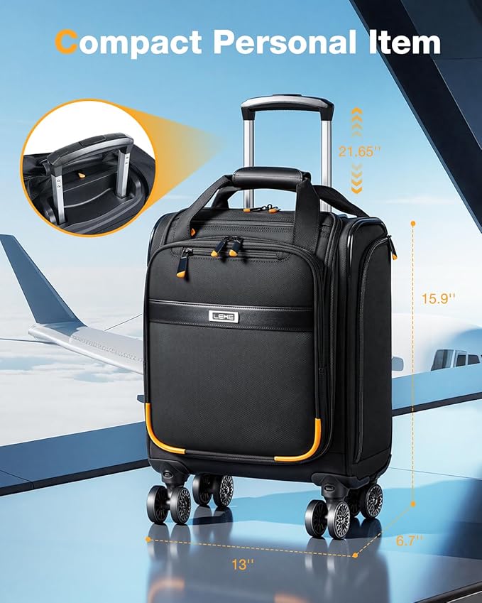 Underseat Carry On Luggage with Wheels, 16 Inch Softside Suitcase with Detachable Wheels, Lightweight Overnight Bag Travel Luggage with Spinner Wheels for Women Men, Black