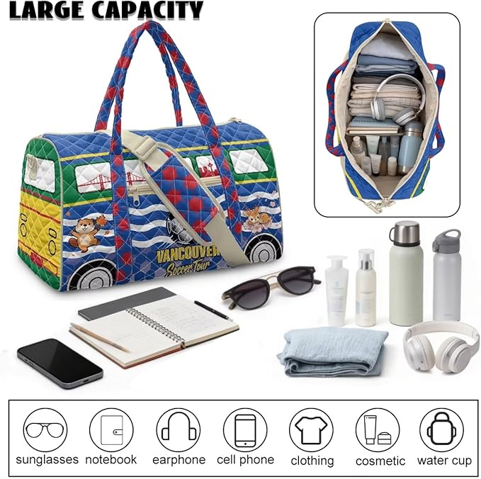 COEQINE Quilted Duffle Bag for Men Men Travel Overnight Weekend Gym Carry On Luggage Bag Adjustable Shoulder Strap & Top Handle,Vancouver Van Car