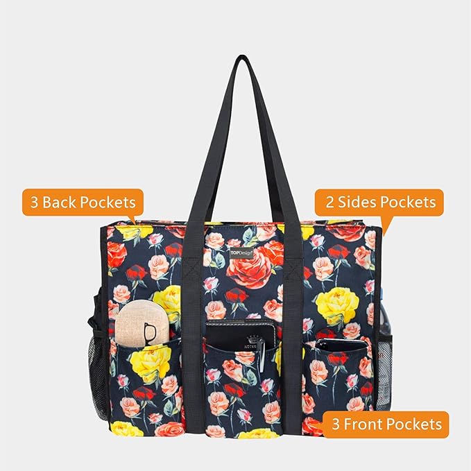 TOPDesign Utility Water Resistant Tote Bag with 13 Pockets, Top Zipper Closure & Thick Bottom Support, for Working Women