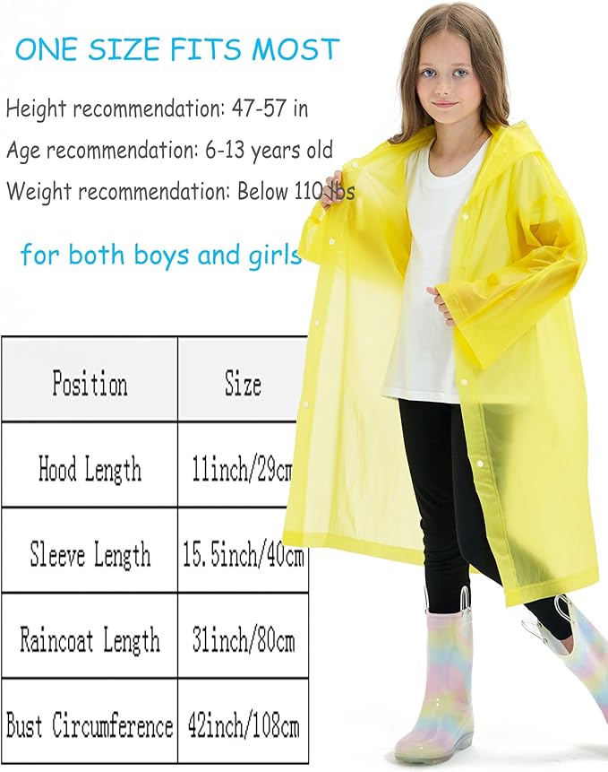 2 Pack Reusable Waterproof Raincoat EVA Emergency Rain Ponchos One Size Rain Jacket for Children, Boys and Girls
