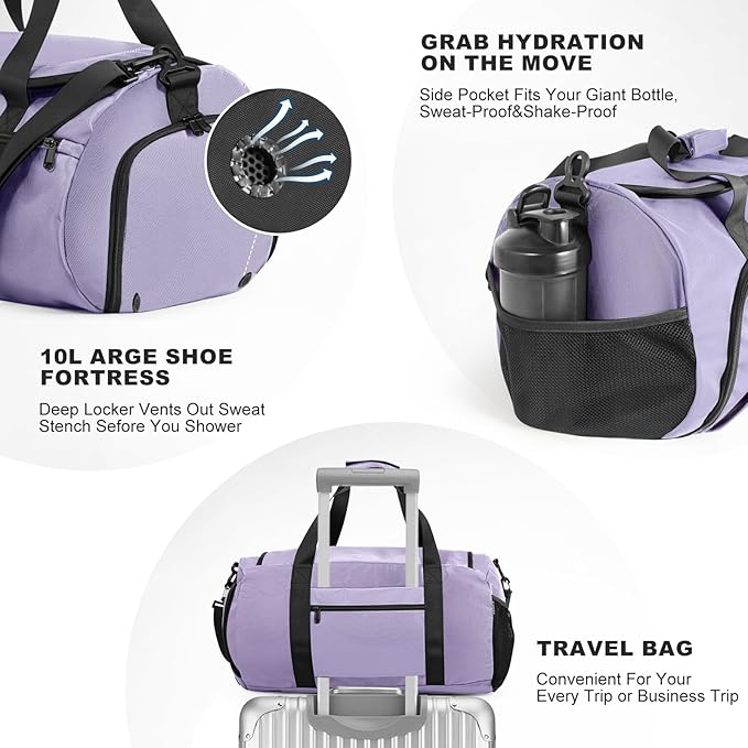 Gym Bag for Men Women With Shoe Compartment & Wet PocketWater Resistant Sports Gym Bag 、shoulder bag、messenger bag Carry On Duffel Bag forWeekend Overnight Traveling (Purple)