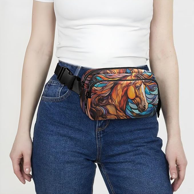 Stained Glass Printed Horse Fanny Pack for Women Men Water Resistant Fashion Waist Packs with Adjustable Strap Belt Bag for Travel Workout Jogging Hiking 21219667