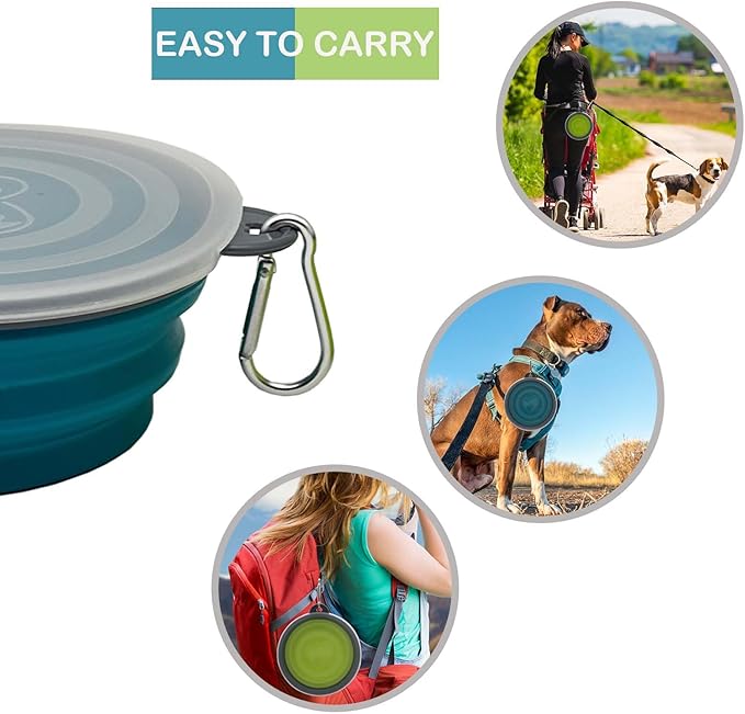 Medium Collapsible Dog Bowl 23oz,2 Pack Portable and Foldable Pet Travel Bowls with 2 Carabiners & Lids for Dogs Cats and Small Animals (Blue+Green+Grey, 650ml)