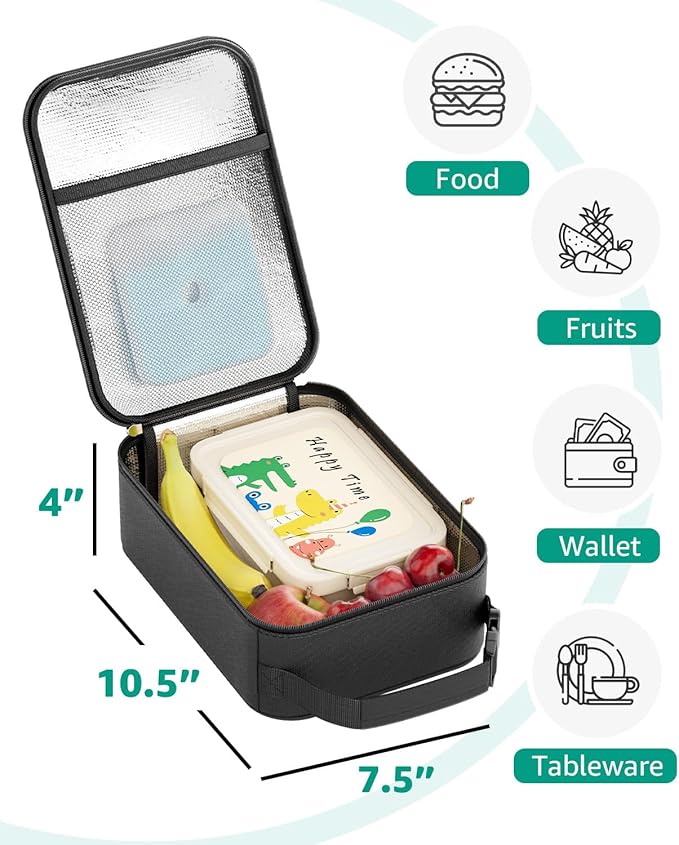 HowFly Small Lunch Bag - Insulated Lunch Box Bag for Women Men - Portable Thermal Reusable Meal Cooler Bags with Buckle Handle for Work School - Black