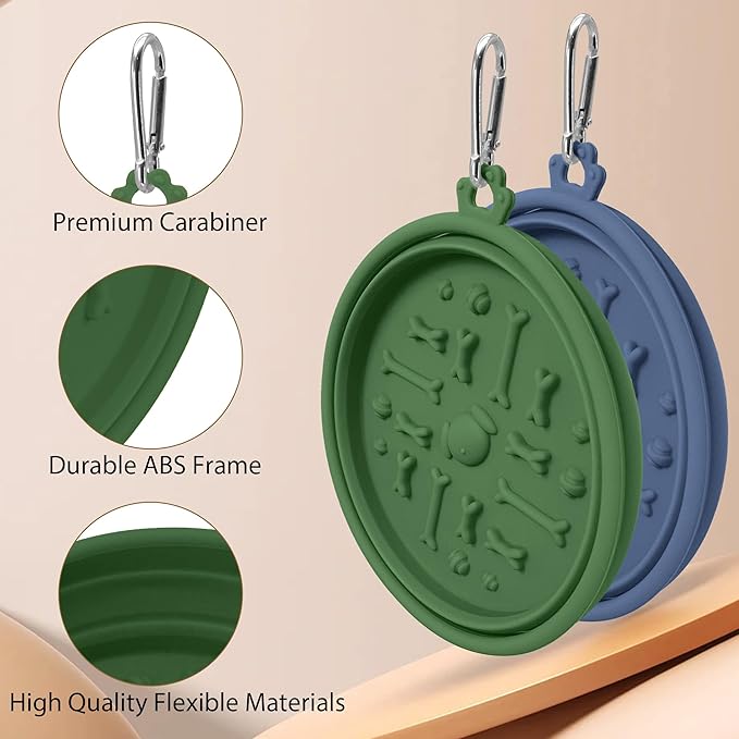 2-Pack Collapsible Dog Bowls with Suction Cups & Scraper - 16oz Travel Pet Bowls for Food/Water, Non-Slip Feeding Dish for Dogs, Includes Carabiner Clip Grey&Olive Green