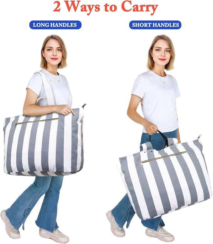 Large Canvas Beach Bag for Women, Beach Bags Waterproof Sandproof with Zipper & Wet Bag Cruise Essentials