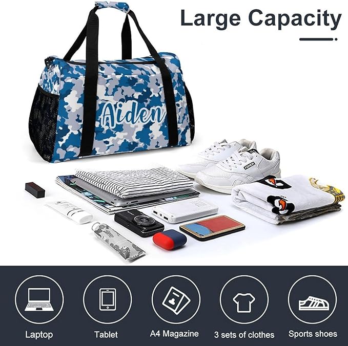 Blue Grey Camouflage Camo Pattern Shoe Bag Waterproof Travel Bag Duffel Bag Adjustable Shoulder Strap Perform Training for Women Men Casual Bag