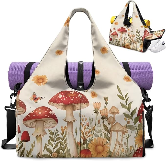 Gym Bag with Yoga Mat Holder, Shoe Compartments, Mushroom Womens Gym Bag Double Zipper Lightweight Breathable Carry On Bag for Travel Work Gym
