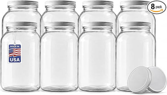 FastRack 8 pack One Gallon Wide Mouth Jar with 10 White Metal Airtight Lids | Glass Canisters with Airtight Lids | Large Mouth Glass Jar with Fermentation Lid for brewing, fermentation and pickling
