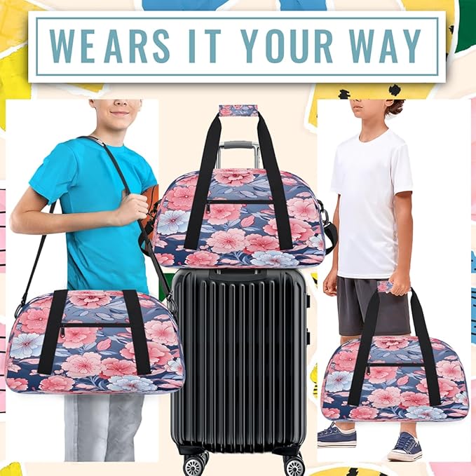 Gym Bag for Women Men, Pink Blue Floral Dark Background Travel Duffle Bags for Dance Ballet Overnight, Carry-On Weekender Bag with Detachable Shoulder Strap