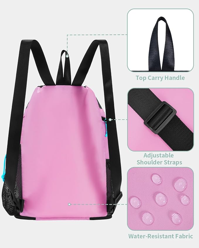 WANDF Swim Bag with Wet Pockets, Sandproof Beach Backpack with 40oz Tumbler Side Pockets, Mesh Drawstring Backpack Swim Bag for Swimming, Pool, Gym and Workout Gear (Pink)