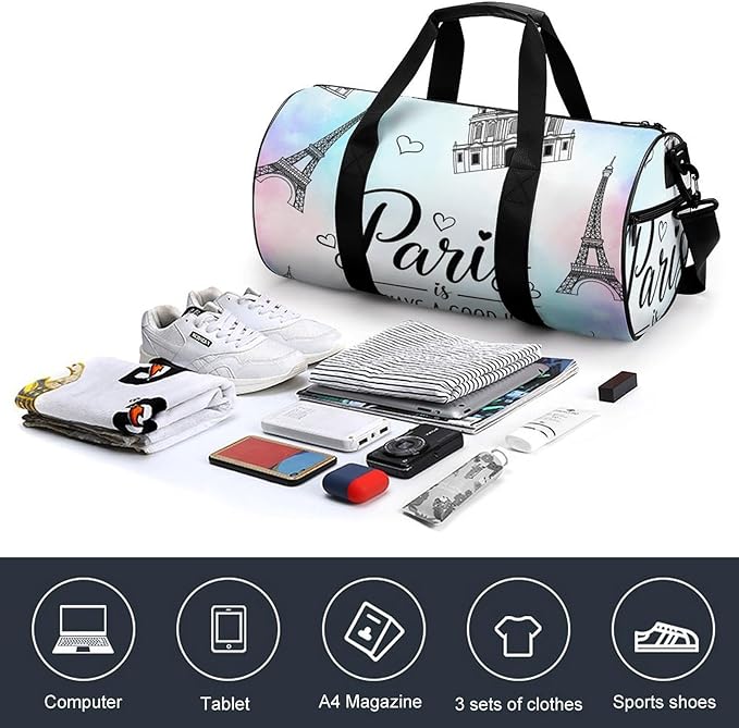 Gym Sports Duffle Bag Paris Eiffel Tower Weekender Carry on Beach Yoga Overnight Luggage Bag Travel Training Workout Bags
