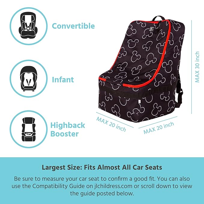J.L. Childress Disney Baby Padded Backpack Car Seat Bag - Travel Bag for Airplane, Fits Most Baby & Infant Car Seats, Boosters, & Carriers, For Gate or Baggage Check - Ultimate, Mickey Mouse, Black