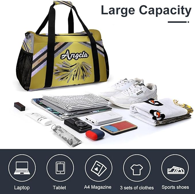 Personalized Cheerleaders Golden Silver Sparkle Print Duffle Bag with Name for Women Man Tote Bag Custom Travel Perform Training Bag Gym Bags