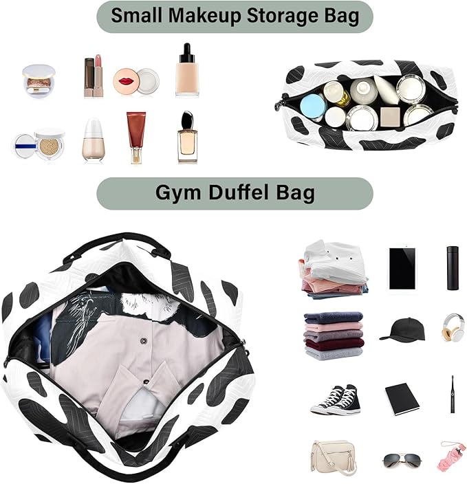 Travel Duffle Bag, Cow Skin Print Gym Bag with Storage Bag Weekender Overnight Bag for Men Women Trip Sports Yoga