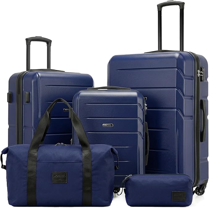 HOTEEL Expandable 5 Piece Luggage Set (4-YEARS WARRANTY) ABS+PC Hardshell Carry on Suitcase Silent Universal Wheels&TSA Lock for, Unisex Rolling Suit Case for Family, Travel, Dark Blue(20/24/28/DB/TB)