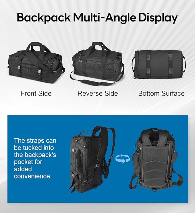 Hannibal Tactical 50L Large Duffle Bag, 3-in-1 Tactical Backpack MOLLE Pack for Sports/Gym/Outdoor, Black