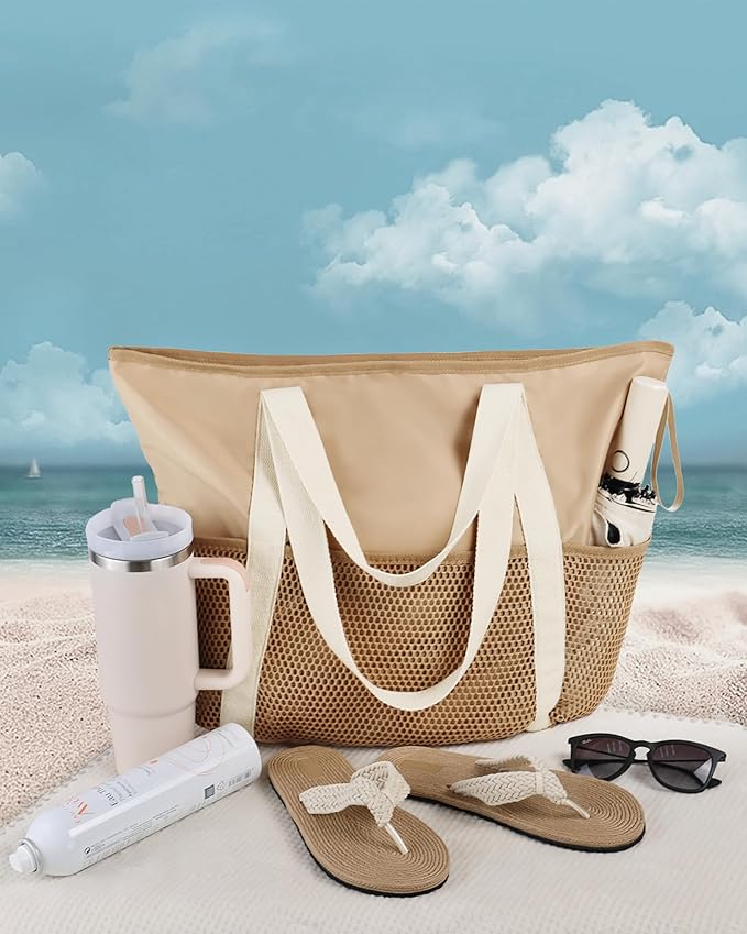 HOMESPON Beach Bag Large Waterproof Sandproof Foldable Tote for Women with Zipper Mesh Pockets for Pool Swim Travel Everyday