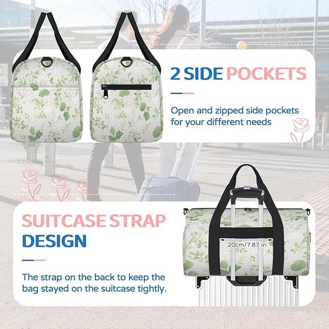 Rabbit Floral Gym Bag for Women 17 inch Waterproof Carry On Overnight Weekender Bag Sports Duffel Tote Bags for Travel Workout