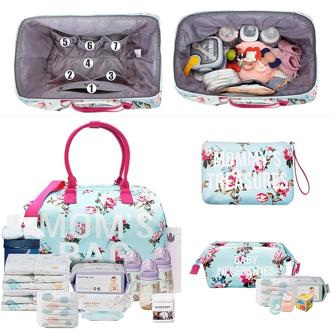 printe Mommy Diaper Bag Tote with 2 Organizers,Large Hospital Bag for Women Labor Delivery & Travel Baby Diaper Essentials Mom Weekender for Baby Care (Blue-Floral)