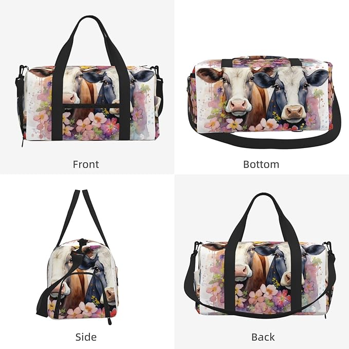 Sports Gym Bag Watercolor Floral Cows Painted Farm Animal Travel Duffel Bag With Shoe Compartment Shoulder Strap, Lightweight Water-Resistant Weekend Overnight Totes For Women Men