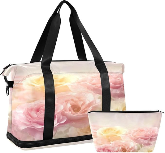 Travel Duffel Bags for Women Watercolor Roses Sports Duffel Bags Gym Bags with Shoes Compartment Tote Bag Weekender Bag for Travelling