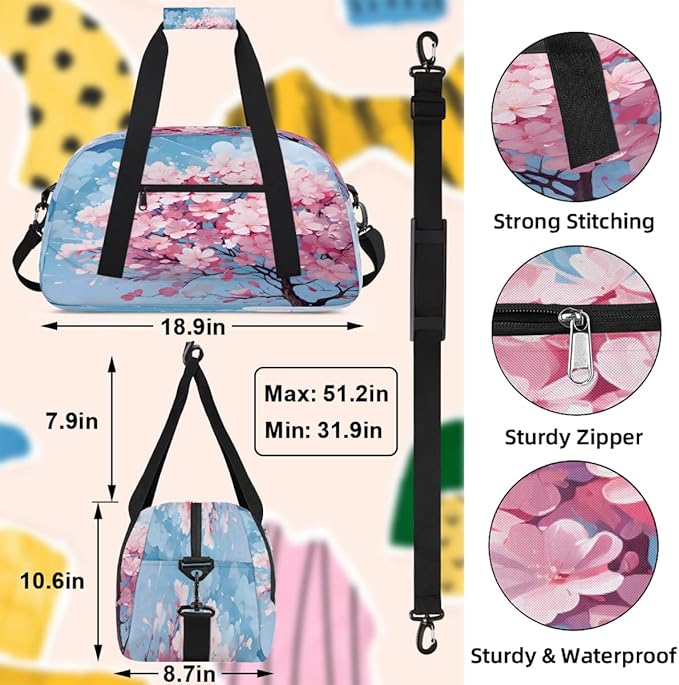Sports Duffel Bags, Pink Cherry Blossom Tree Water-Resistant Gym Duffle Bag for Men Women, Lightweight Weekender Overnight Bag for Fitness, Workout, Travel