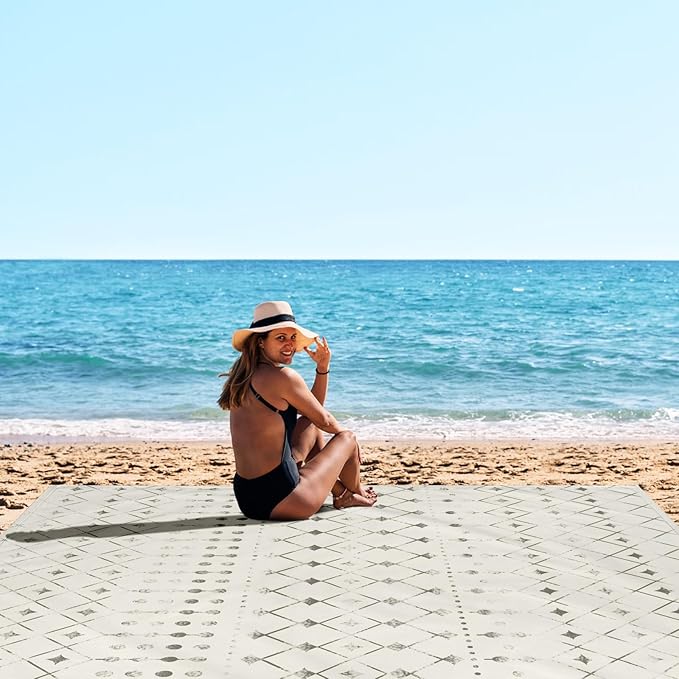Polyester Beach Blanket Waterproof Sandproof, 10'X 9' Extra Large Oversized Beach Mat for 2-8 Adult, Quick Drying Lightweight & Durable Picnic Blanket for Outdoor, Travel, Camping, Hiking-Moroccan