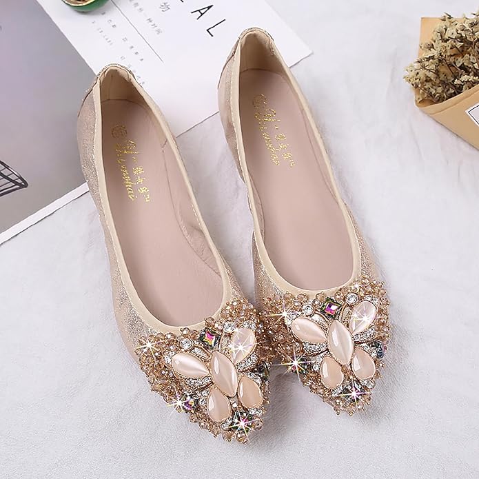 Women Ballet Flats Sparkly Rhinestone Wedding Ballerina Shoes Pointed Toe Foldable Comfort Slip on Flat Dress Shoes
