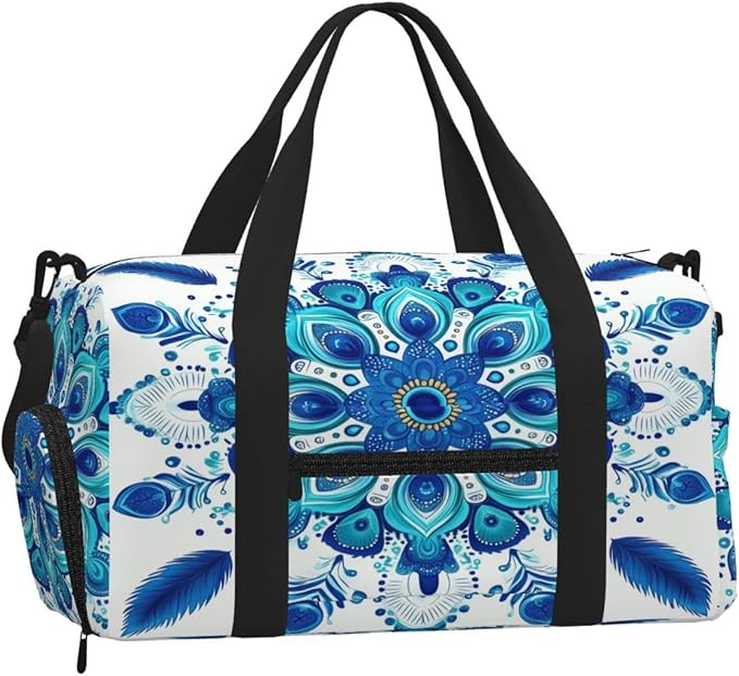 Sports Gym Bag Blue Turquoise Ethnic Mandala Travel Duffel Bag With Shoe Compartment Shoulder Strap, Lightweight Water-Resistant Weekend Overnight Totes For Women Men