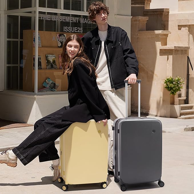 mixi 26 Inch Large Expandable Checked Luggage Suitcases with Spinner Wheels, Hardside Rolling Travel Suitcase PC with TSA Lock & Cover, Lark Yellow