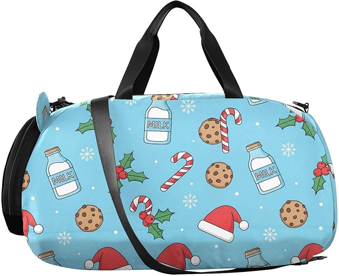 VIGTRO Milk Bottles Santa Hats Cookies Kids Overnight Travel Duffel Bag Sport Gym Bag for Boys Girls with Shoe Compartment, Christmas Carry On Weekender Luggage Bag for Dance Swim Yoga