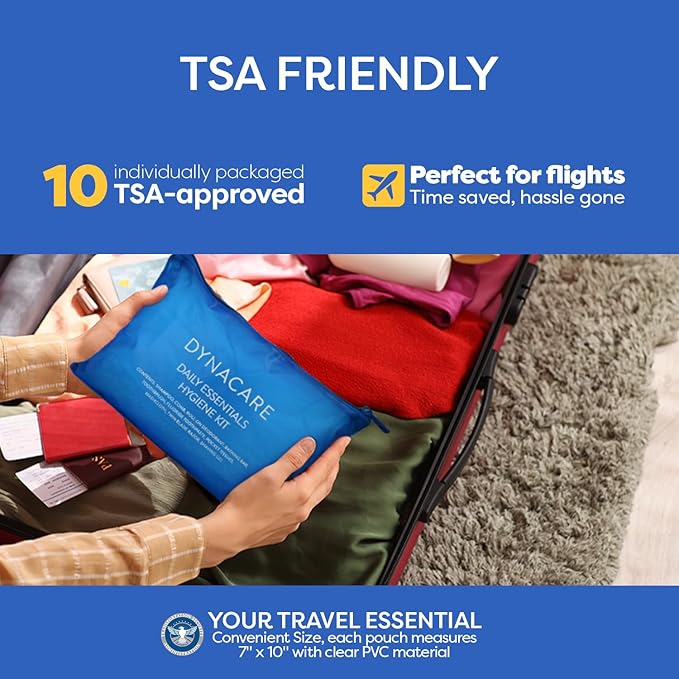 Dynarex DynaCare Daily Hygiene Kit - Travel Essentials Toiletry Bag - Includes TSA Approved Shampoo, Toothbrush Set, Razor and More - Blue, 1 Kit (10-Pieces)