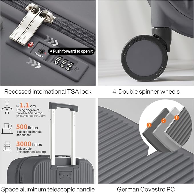 mixi Carry On Luggage with Cup Phone Holder Hard Shell Rolling Travel Suitcase with Spinner Wheels,20 Inch Rock Grey
