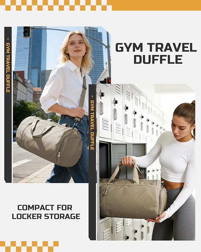 Gym Bag for Women And Mens with Shoe Compartment, Large Duffle Bag with Wet Pocket Carry-on Gym Duffle Bag for Travel and Sports Weekender Overnight Workout Bag Brown