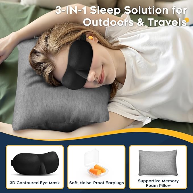 All-in-1 Travel Pillow Set - Shredded Memory Foam Neck Pillow Camping Pillow with Eye Mask, Earplugs, Washable Cover, Compact for Backpacking, Camping, Flights, Car Travel (Small Size)