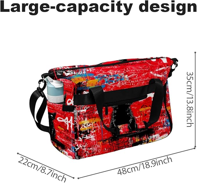 Artistic Black Cat Red Gym Bag for Women & Tennis Bag, Large Sports Duffel Bag Waterproof with Ventilated Shoe Compartment & Front Racket Sleeve, Lightweight Travel Weekender Overnight Bag