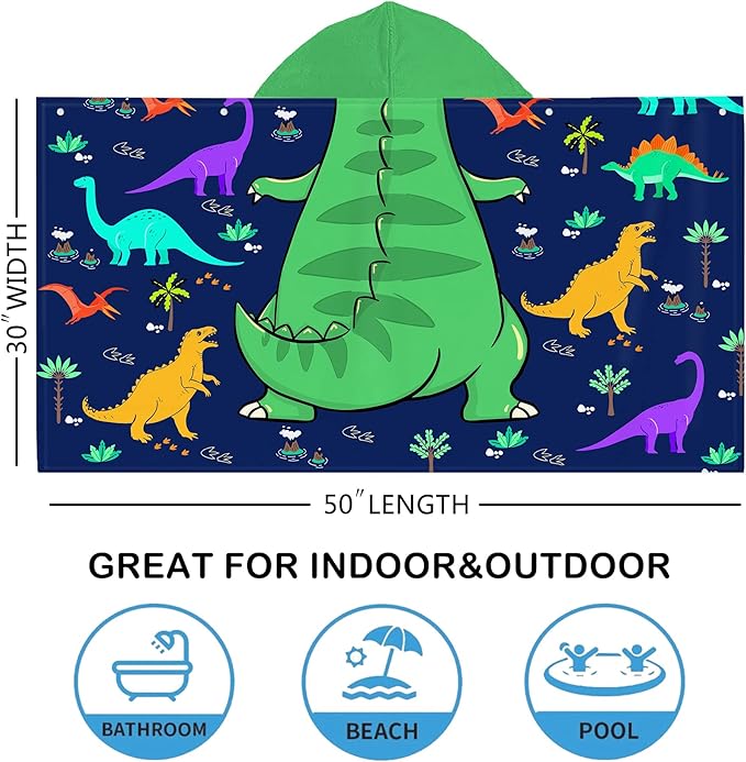 Dinosaur Beach Towel, Dinosaur Towel for Kids with Hood T-rex Hooded Towel for Boys 30x50" Cool Cartoon Microfiber Bath Towel Poncho Bathrobe for Swin Pool cover Up, Green Blue dinosaur birthday gifts
