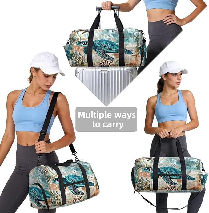 Sports Gym Bag Turquoise Sea Turtle Ocean Travel Duffel Bag With Shoe Compartment Shoulder Strap, Lightweight Water-Resistant Weekend Overnight Totes For Women Men