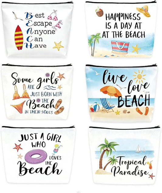 6 Pcs Beach Themed Gift for Women,Small Beachs Makeup Bag Bulk with Zippers,Beach Essentials Summer Survival Kits for Vacation,Vacation Themes Portable Cosmetic Travel Bag Pouches for Girls Friends