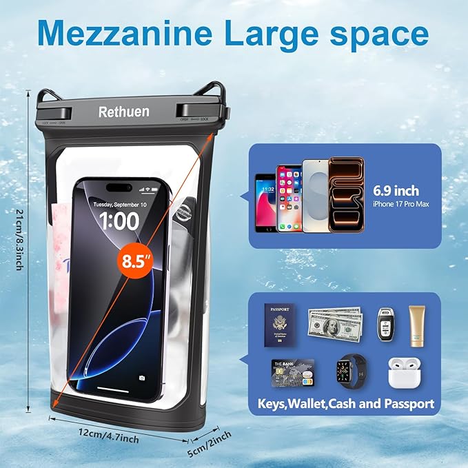 Large Waterproof Phone Pouch, 2Pack Floating Waterproof Bag for iPhone 17 16 15 14 13 Pro Max Galaxy S24 S23 S22 All Phones, Cell Phone Dry Bag for Beach Swimming Rafting Boating (Black + Black)