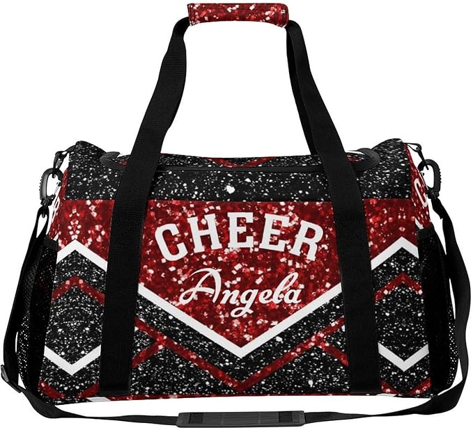 Cheer Red Black Maroon Glitter Print Waterproof Duffel Bag Adjustable Shoulder Strap Perform Training Travel Bag for Teens Adults Women Men Tote Bag