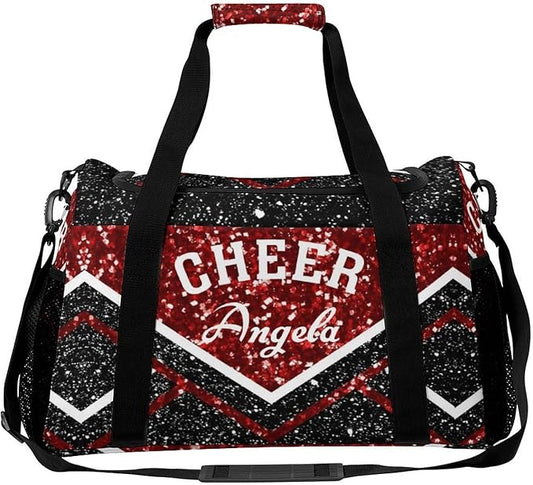 Cheer Red Black Maroon Glitter Print Waterproof Duffel Bag Adjustable Shoulder Strap Perform Training Travel Bag for Teens Adults Women Men Tote Bag