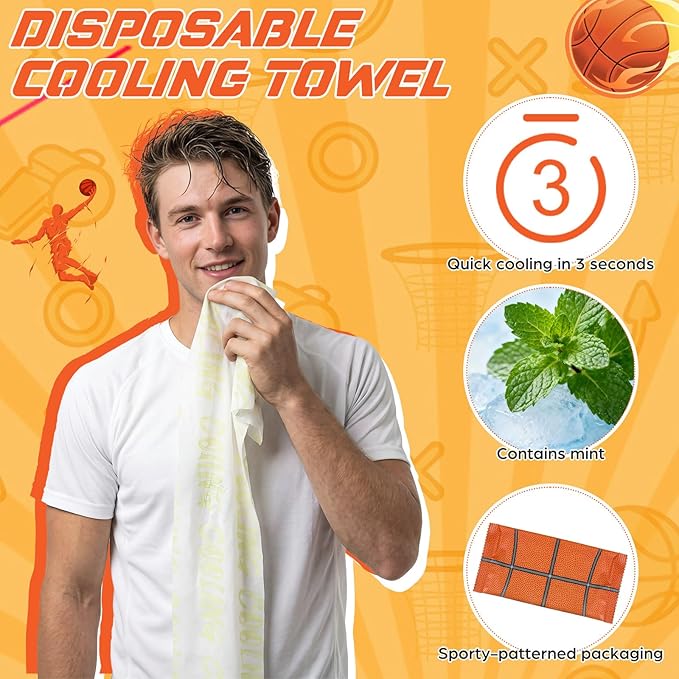 Frienda 12 Count Disposable Cooling Towel, 23.6''x 7.9'' Large Cooling Body Wipes, Baseball Basketball Softball Soccer Ice Towel for Hot Weather, Individually Wrapped for Sport Player (Basketball)